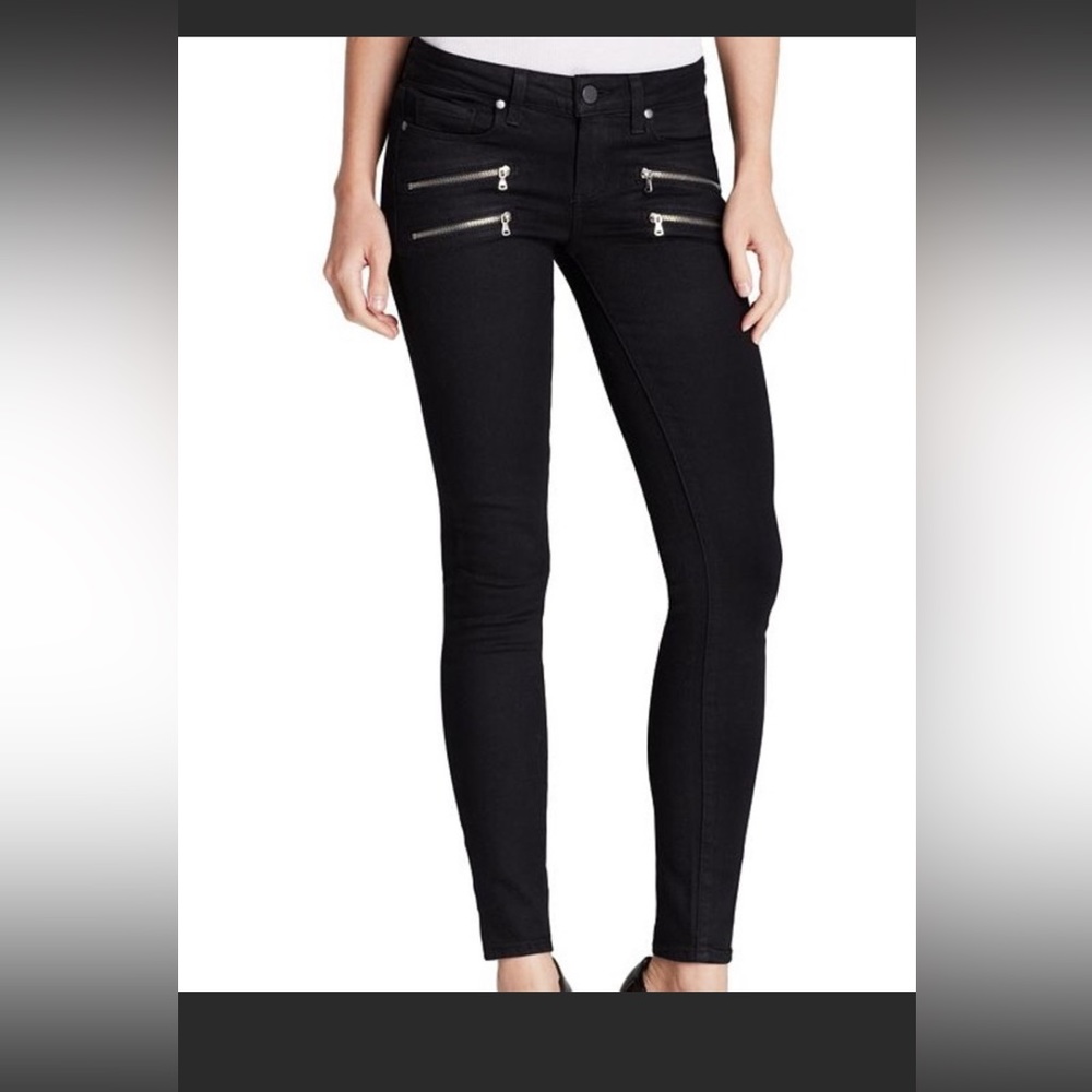 EUC PAIGE Black Shadow Edgemont Skinny Jeans Size 30 Zipper detail MOTO